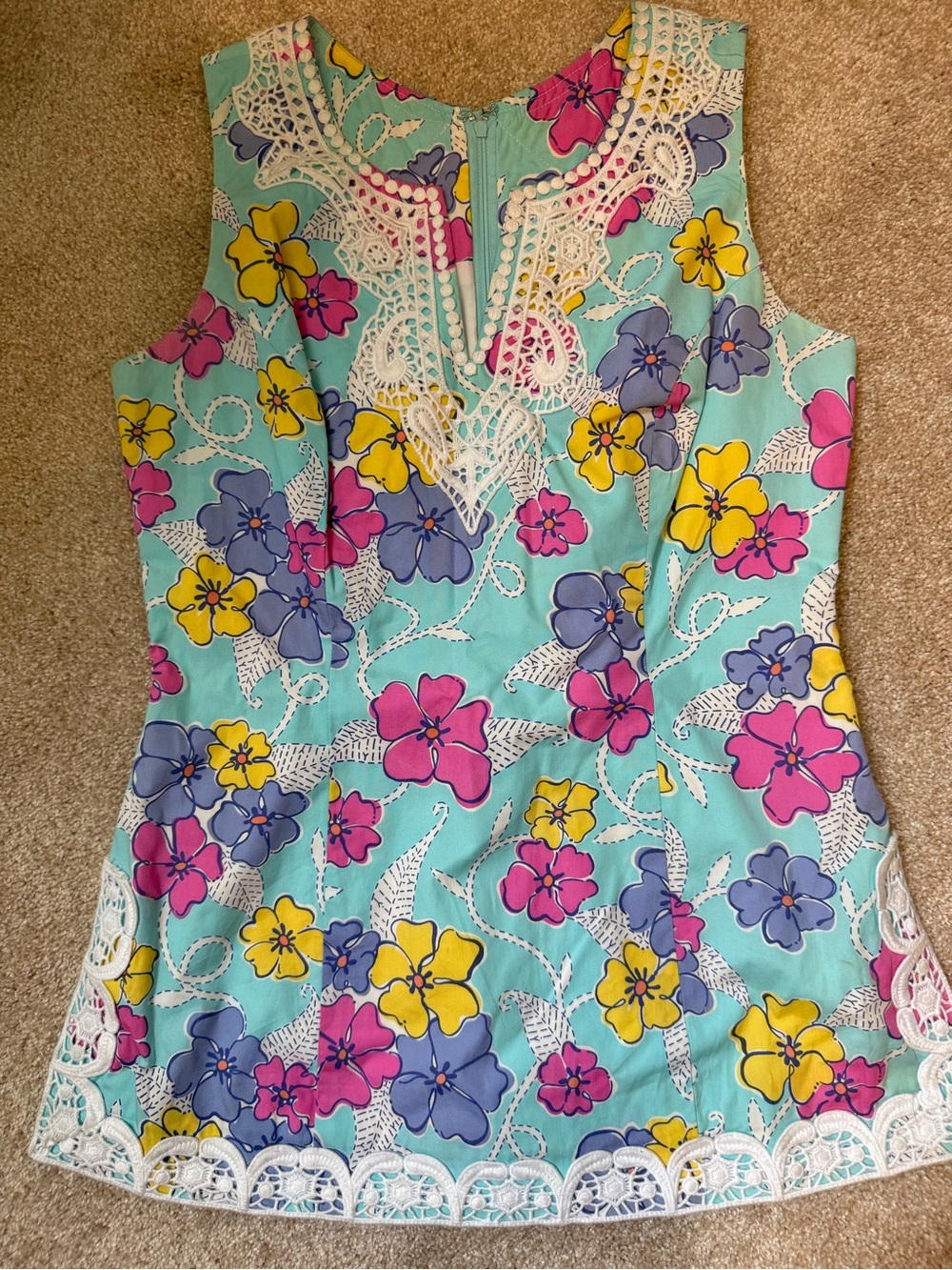 Vintage Lilly Pulitzer Aqua Floral tunic top with Pink, Yellow & Purple Flowers